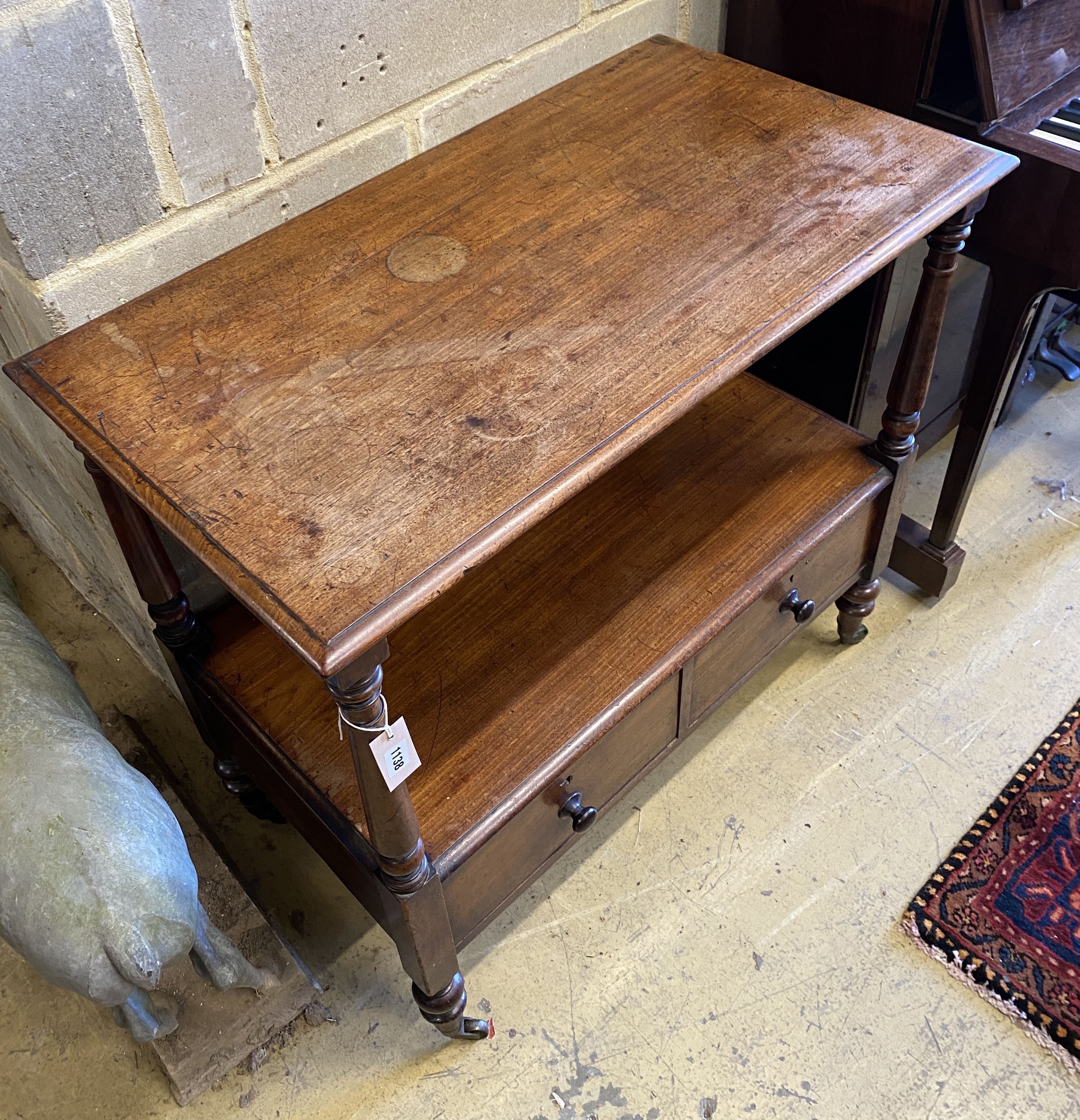 A Victorian mahogany two tier buffet, marked S B Clark, Portland Place, width 91cm, depth 50cm, height 87cm